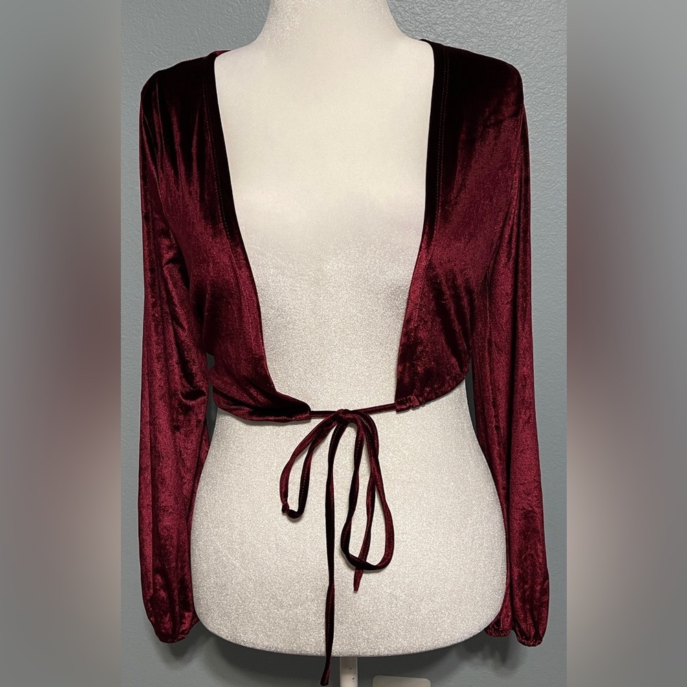 Women’s Burgundy Velvet Tie Front Crop Top Long Sleeve Clubwear Y2K Vamp Medium